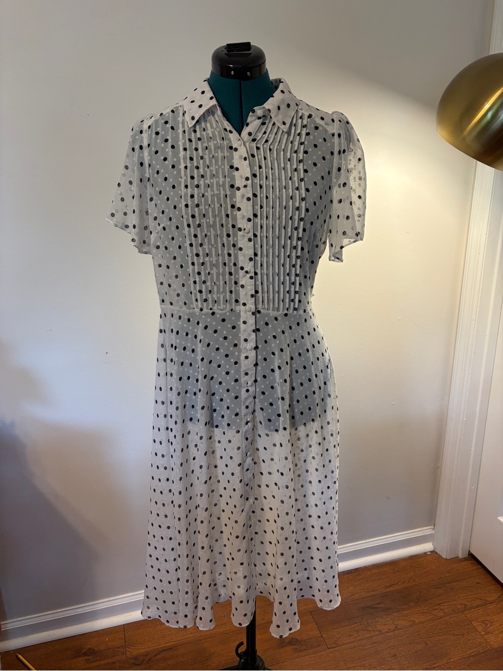 White and Black Sheer Polka Dot Button-Front Dress